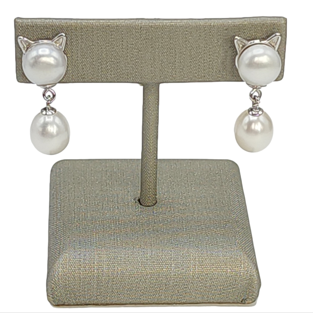 925S Sterling Silver White Freshwater Pearl 8mm‎ Drop Earrings Big Cat Shaped